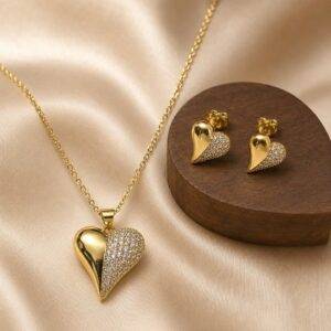 Juego De Collar Y Aretes Corazón Rodio Y Zircones