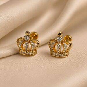 Aretes Topo Rodio Y Zircones De Seguridad Corona
