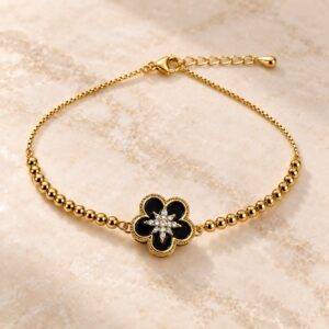 Pulsera En Rodio Y Zircones Ajustable Trébol