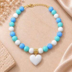 Collar De Bolas De Chicle Con Dije De Corazón Celestes, Azules y Blancos