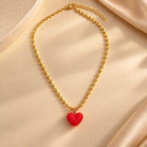Collar En Rodio Con Dije De Corazón Con Textura De Cristal Rojo