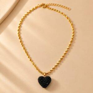 Collar En Rodio Con Dije De Corazón Con Textura De Cristal Negro