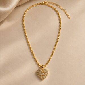 Collar En Rodio Con Dije De Corazón Doble De Zircones