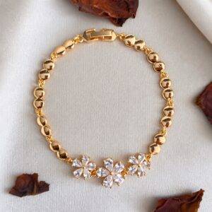 Pulsera En Rodio Y Zircones De Flores Dorada