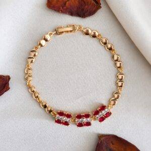 Pulsera En Rodio Y Zircones Rojos Y Transparentes Cuadrada Dorada