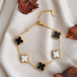 Pulsera En Acero Ajustable Trébol Blanca Y Negra