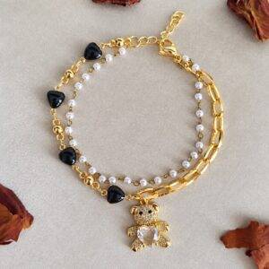 Pulsera En Acero Ajustable Osito Con Corazones Dorada