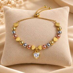 Pulsera Ajustable En Rodio En Tres Tonos Corazón De Cristal